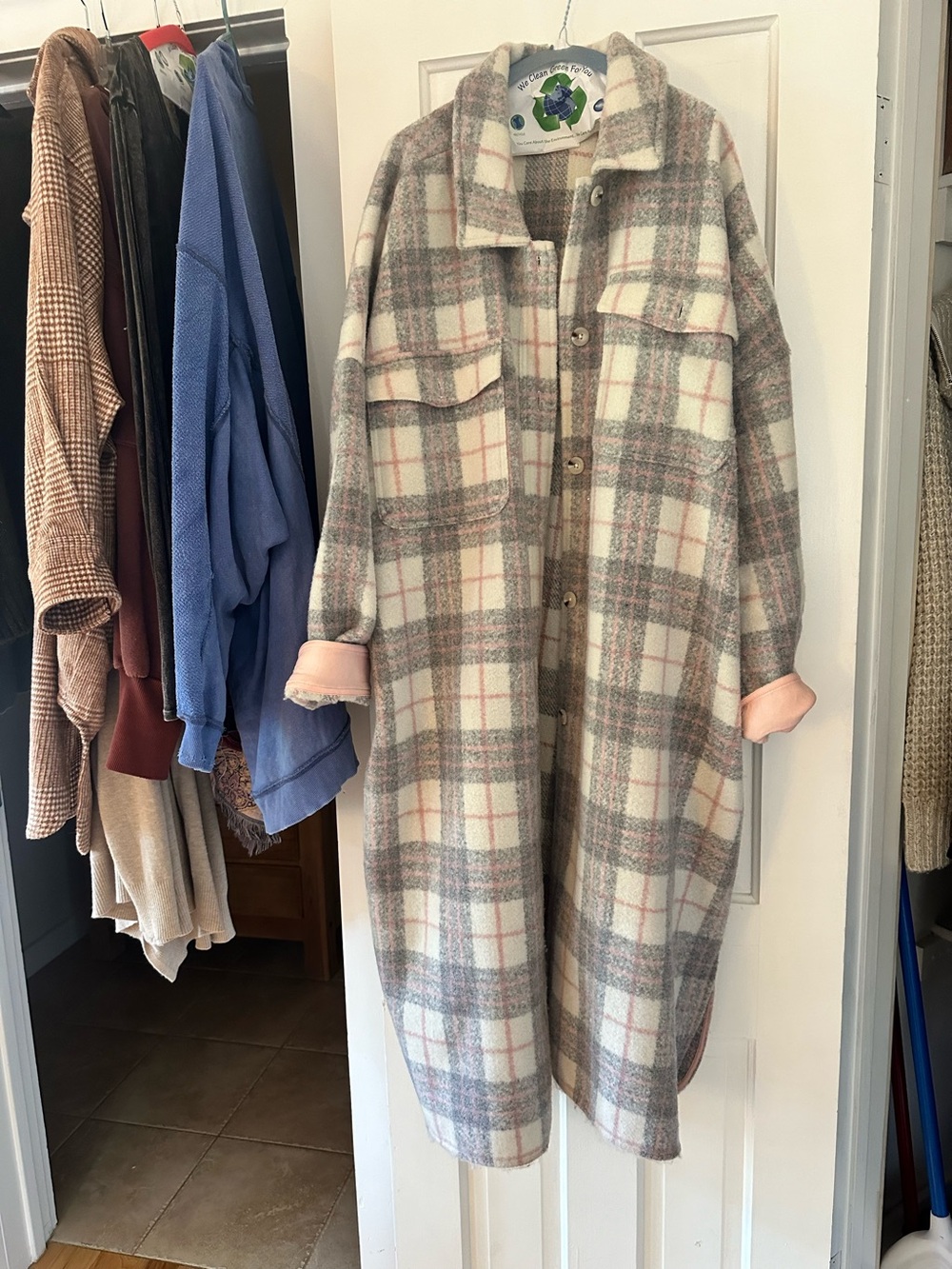 Anthropologie Plaid Shacket Coat in Cream, Gray and Pink